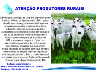 ATENÇÃO PRODUTORES RURAIS! É HORA DO RECADASTRAMENTO DOS CRIADORES DE BOVINOS, BUBALINOS, CAPRINOS, OVINOS E EQUÍDEOS