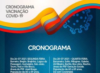 Cronograma de Vacinação contra a Covid-19 na Área Rural, de 26 a 29 de Julho